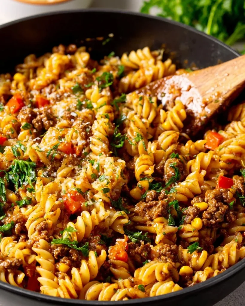 Delicious one pot cheesy taco pasta in a bowl with colorful toppings