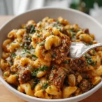 One-Pot Chili Mac served in a bowl with cheese and herbs on top.