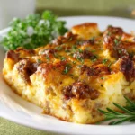 Delicious overnight sausage and egg breakfast casserole served in a baking dish.