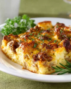 Delicious overnight sausage and egg breakfast casserole served in a baking dish.