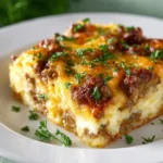 Overnight Sausage and Egg Breakfast Casserole in a baking dish