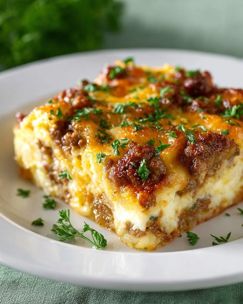 Overnight Sausage and Egg Breakfast Casserole in a baking dish