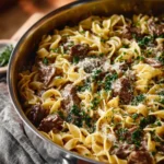 Quick homemade beef stroganoff served with noodles
