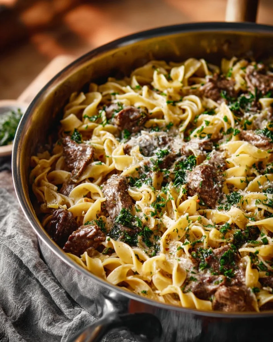 Quick homemade beef stroganoff served with noodles