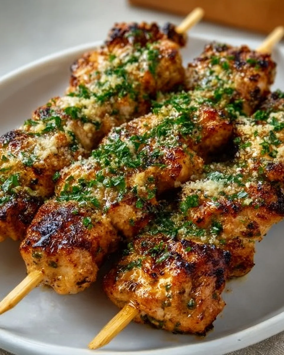 Ranch Garlic Parmesan Chicken Skewers served on a grill platter