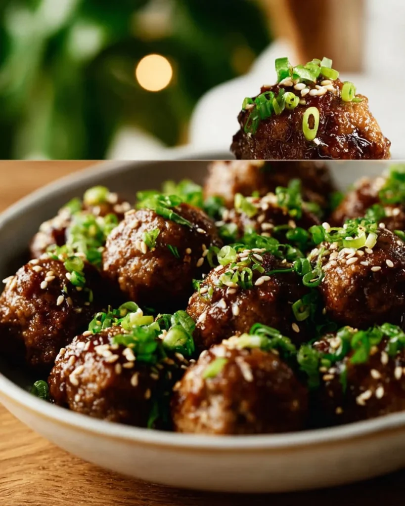 Plate of saucy Asian meatballs garnished with herbs and served with rice
