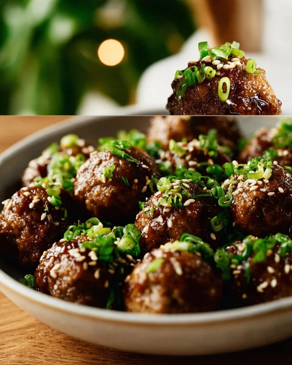 Plate of saucy Asian meatballs garnished with herbs and served with rice