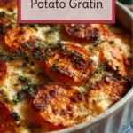 Savory sweet potato gratin with creamy layers and topped with cheese