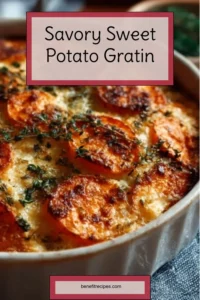 Savory sweet potato gratin with creamy layers and topped with cheese