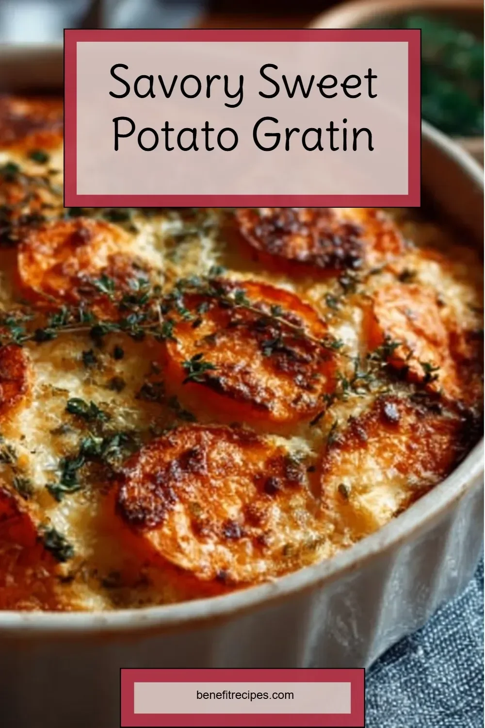 Savory sweet potato gratin with creamy layers and topped with cheese