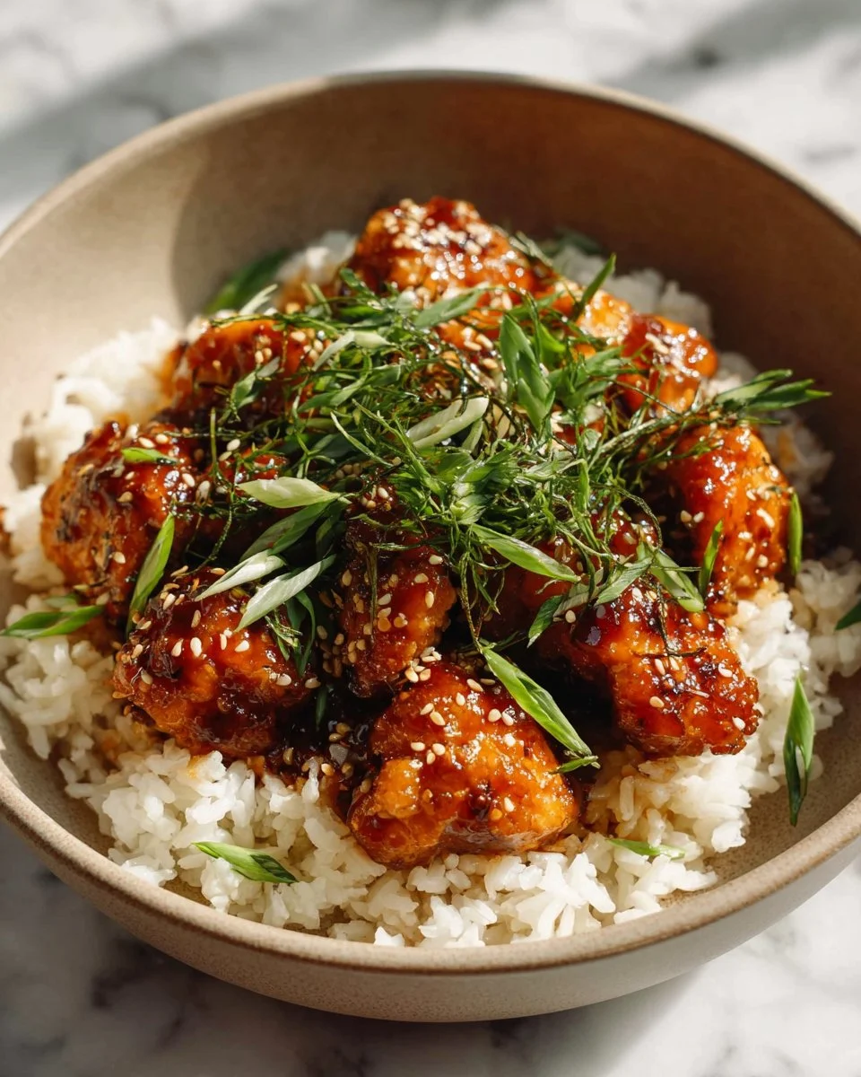 Plate of delicious Sesame Chicken with sesame seeds and vegetables