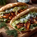 Sheet pan chicken pitas with fresh vegetables and toppings ready to serve.