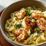 Delicious shrimp pasta with lemon cream sauce served in a bowl