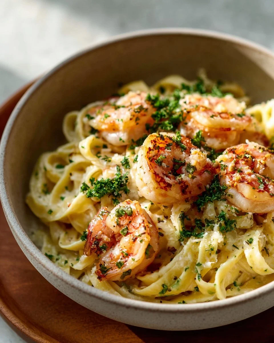 Delicious shrimp pasta with lemon cream sauce served in a bowl