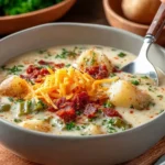Bowl of creamy slow cooker potato leek soup topped with fresh herbs