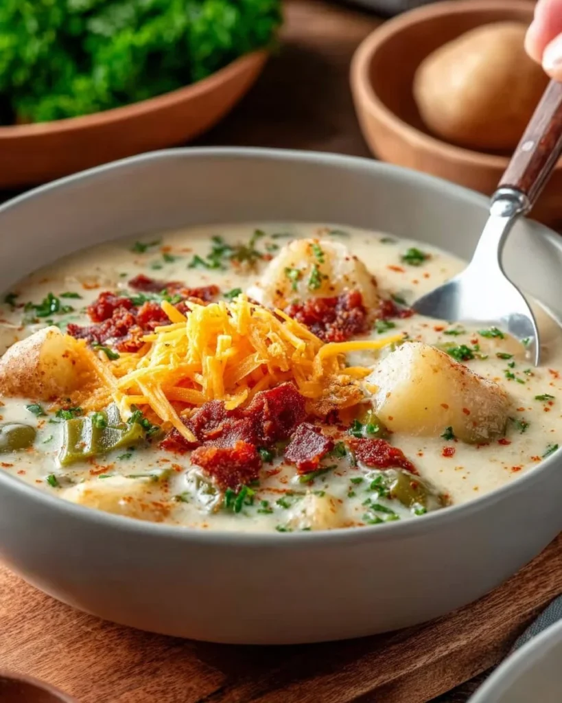 Bowl of creamy slow cooker potato leek soup topped with fresh herbs