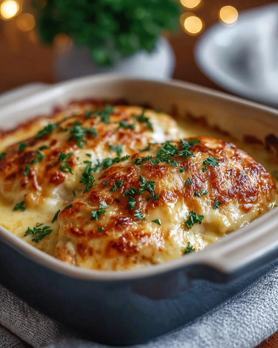 Delicious smothered cheesy sour cream chicken served with herbs
