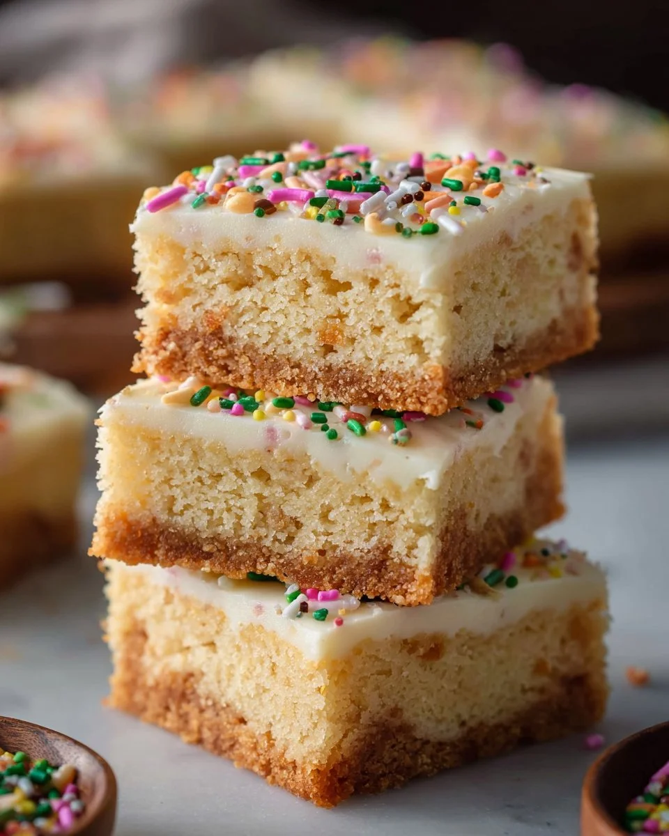 Delicious soft sugar cookie bars topped with colorful frosting.