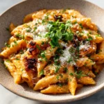 Plate of spicy bacon tomato pasta topped with fresh herbs