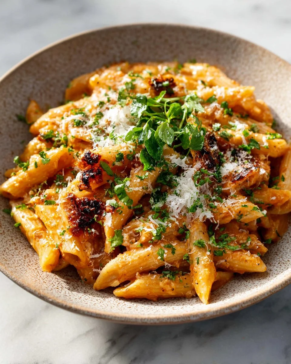 Plate of spicy bacon tomato pasta topped with fresh herbs