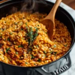 Delicious bowl of Spicy Italian Sausage Orzo topped with herbs