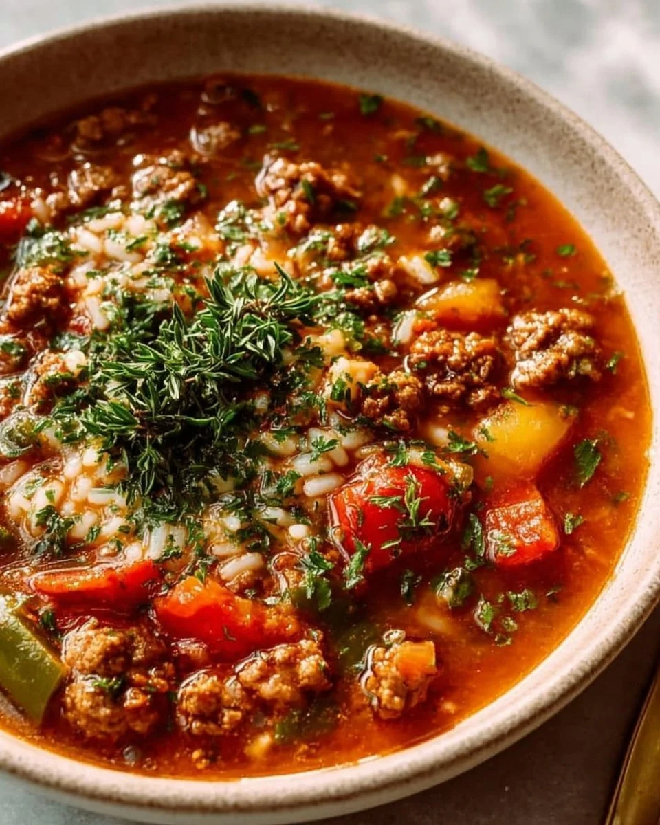 Bowl of delicious stuffed pepper soup with colorful peppers and herbs