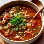 Bowl of rich and hearty stuffed pepper soup topped with fresh herbs.