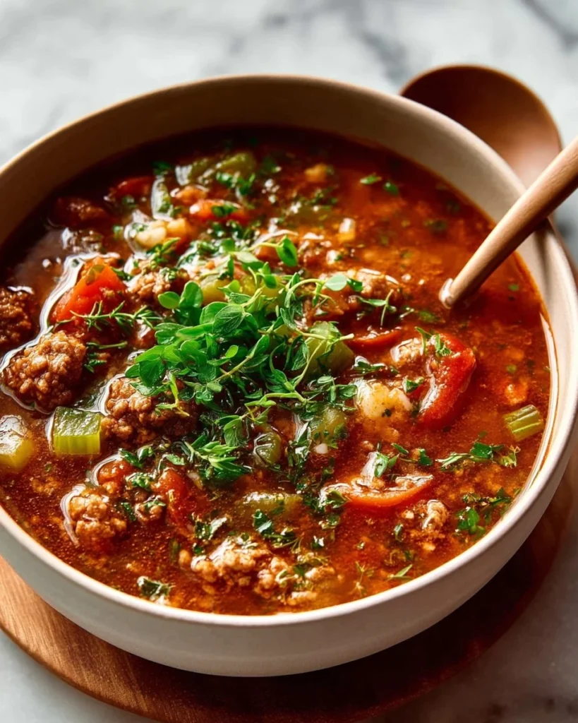 Bowl of rich and hearty stuffed pepper soup topped with fresh herbs.