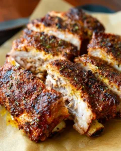 Delicious grilled ribs served on a wooden platter with barbecue sauce.