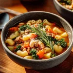 Bowl of traditional pasta and beans dish garnished with fresh herbs