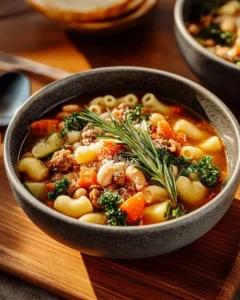 Bowl of traditional pasta and beans dish garnished with fresh herbs