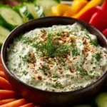 Colorful vegetables served with a creamy herb dip
