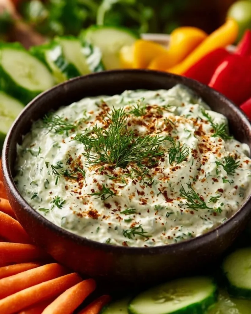 Colorful vegetables served with a creamy herb dip
