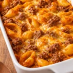 Delicious 4 ingredient hamburger casserole served in a baking dish
