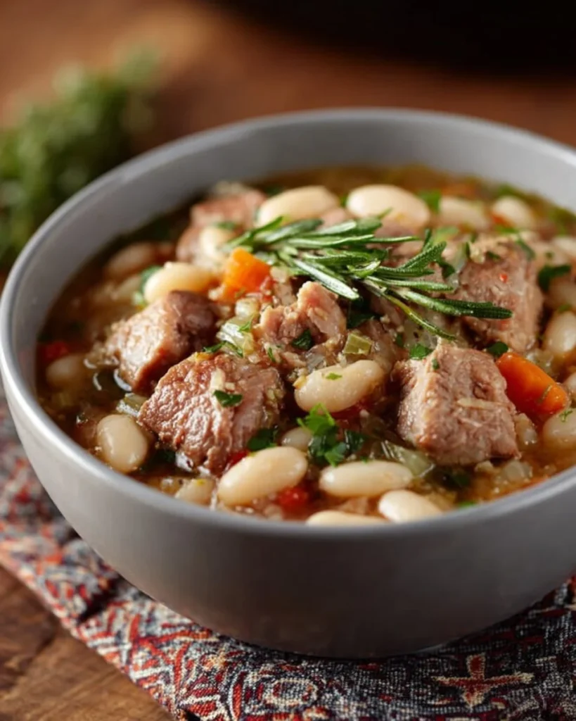 Bowl of delicious Amish Bean Soup garnished with herbs