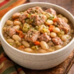 A bowl of delicious homemade Amish Bean Soup topped with herbs.