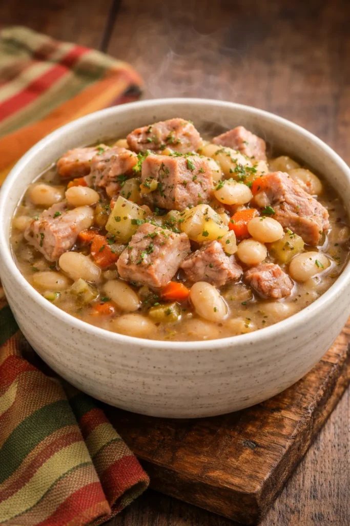 A bowl of delicious homemade Amish Bean Soup topped with herbs.
