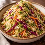 Colorful bowl of Asian Cabbage Slaw with fresh vegetables and dressing