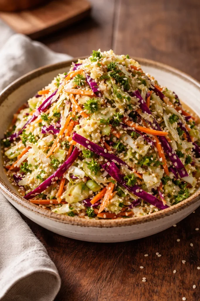 Colorful bowl of Asian Cabbage Slaw with fresh vegetables and dressing