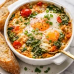 Baked feta eggs with tomatoes and spinach in a baking dish