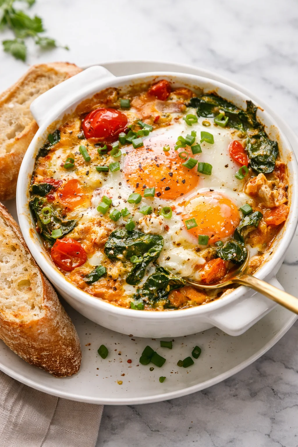 Baked feta eggs with tomatoes and spinach in a baking dish