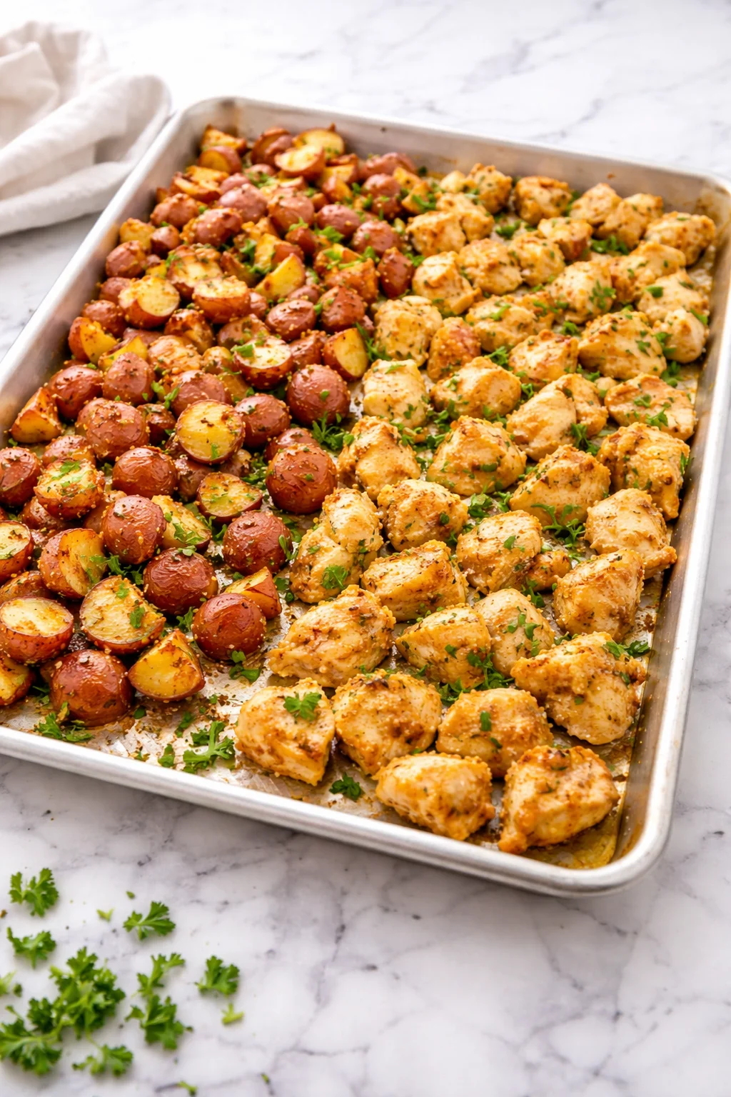 Baked Garlic Parmesan Chicken served with golden crispy potatoes