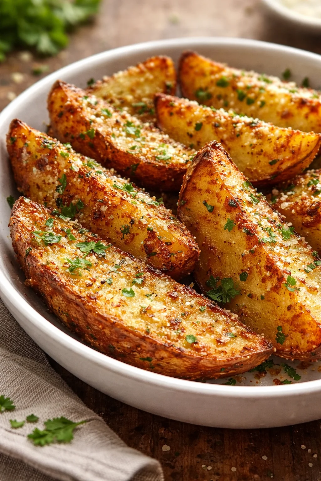 Baked Garlic Parmesan Potato Wedges served on a plate