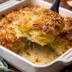 Delicious French Onion Potato Bake topped with melted cheese and herbs