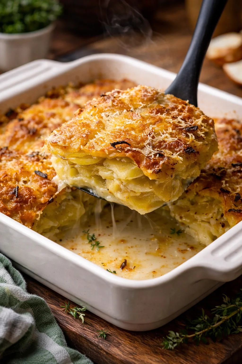 Delicious French Onion Potato Bake topped with melted cheese and herbs