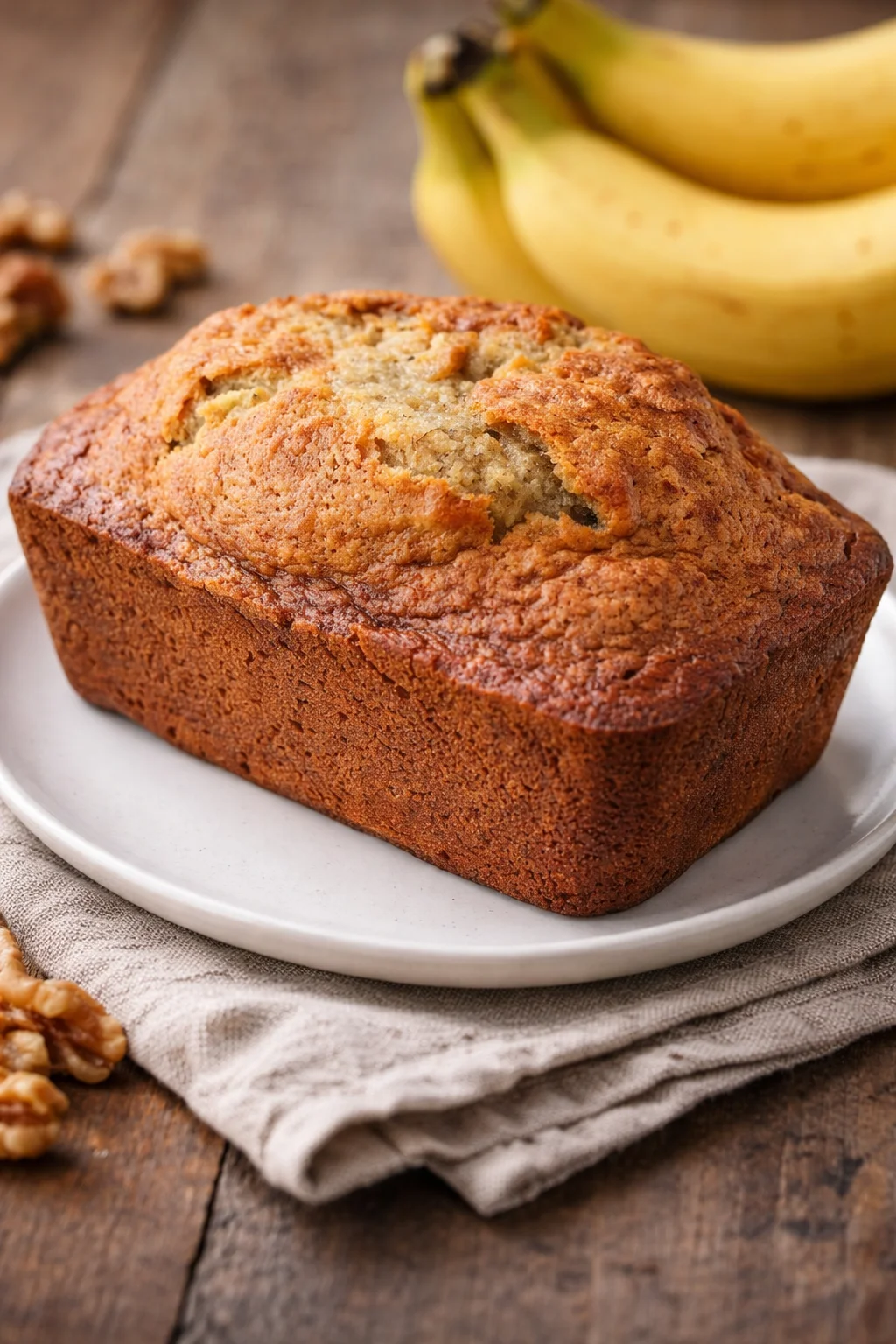 Homemade banana bread loaf with sliced pieces on a wooden board