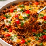 Delicious ground beef casserole with rice, cheese, and vegetables