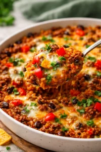 Delicious ground beef casserole with rice, cheese, and vegetables