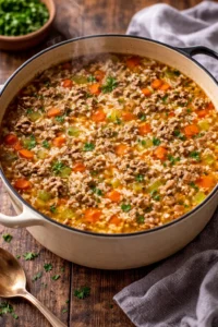 Bowl of best ground beef and rice soup garnished with herbs and veggies