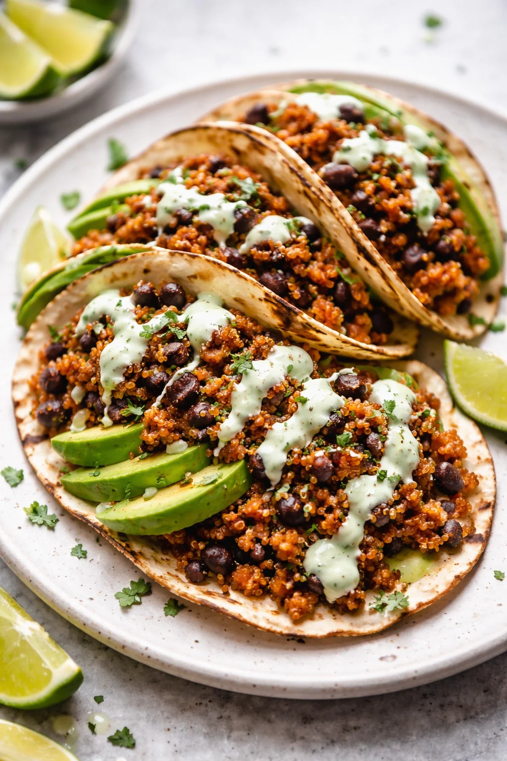 Black Bean Quinoa Tacos with Cilantro Lime Cashew Cream on a serving plate